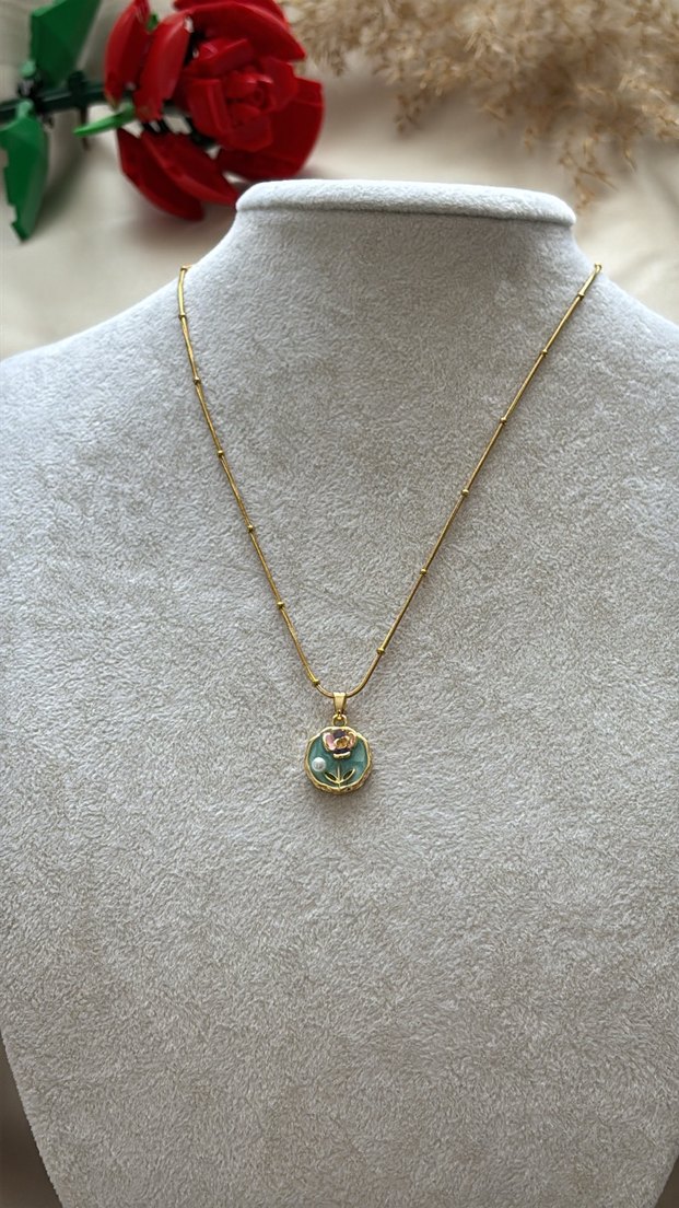 Turkuaz Mini çiçek Desenli Zincir Kolye - Görsel 2