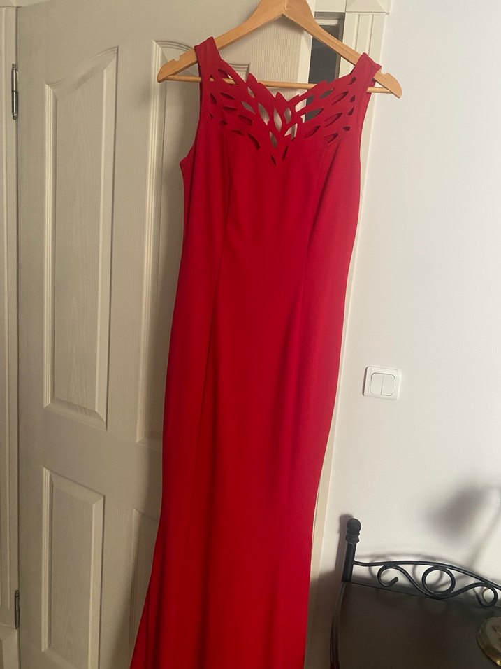 Kırmızı V Yakalı Uzun Abiye Elbise - Görsel 2