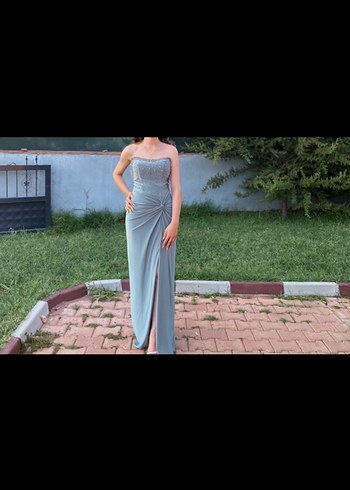 Mint yeşili Straplez Drapeli Uzun Abiye Elbise