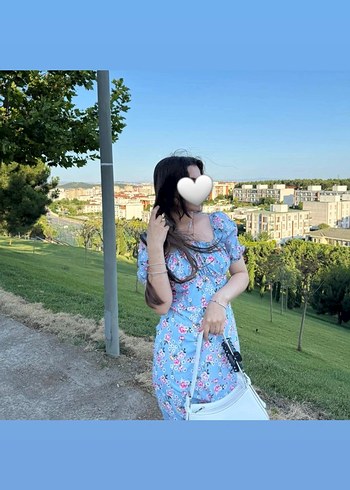 Mavi Çiçekli Midi Bohem Elbise