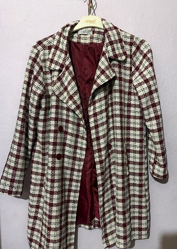 Bordo Ekose Düğmeli Uzun Kadın Blazer - Görsel 2