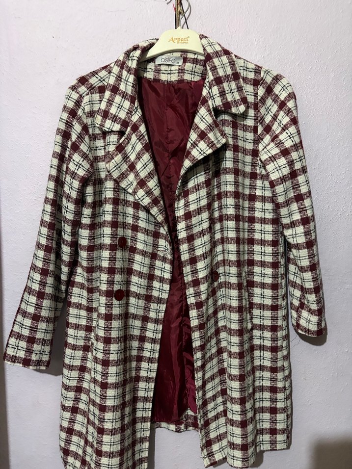 Bordo Ekose Düğmeli Uzun Kadın Blazer - Görsel 2