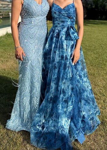 36 Beden Mavi Uzun Drapeli Askılı Tie-Dye Nişan Elbisesi