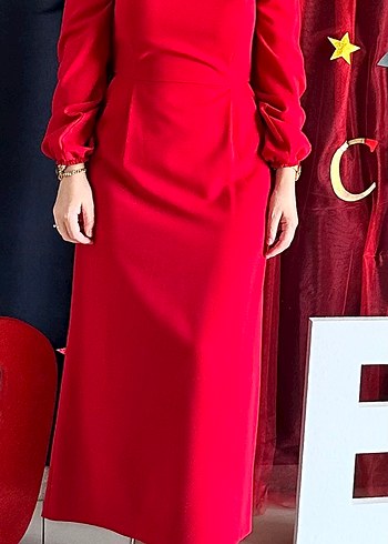 Diğer Uzun Kollu Kırmızı kalem Uzun Elbise