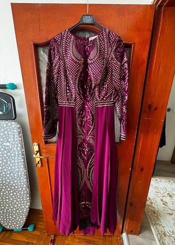 Bordo Desenli Uzun Kollu Bohem Abiye Elbise