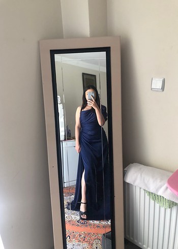 Drapeli Lacivert Uzun Tek Kol Abiye Elbise - Görsel 7