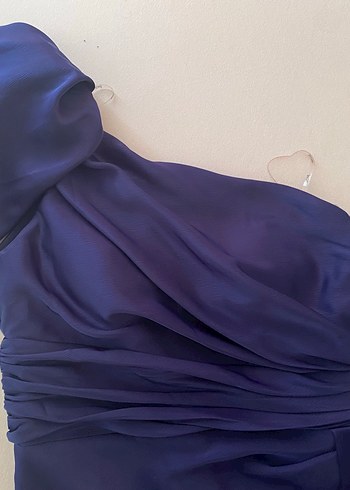 Drapeli Lacivert Uzun Tek Kol Abiye Elbise - Görsel 5