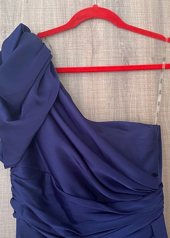 Drapeli Lacivert Uzun Tek Kol Abiye Elbise - Görsel 4