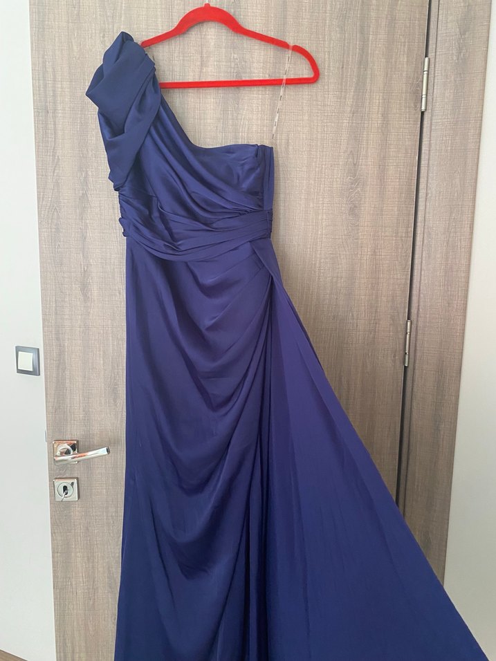 Drapeli Lacivert Uzun Tek Kol Abiye Elbise - Görsel 3