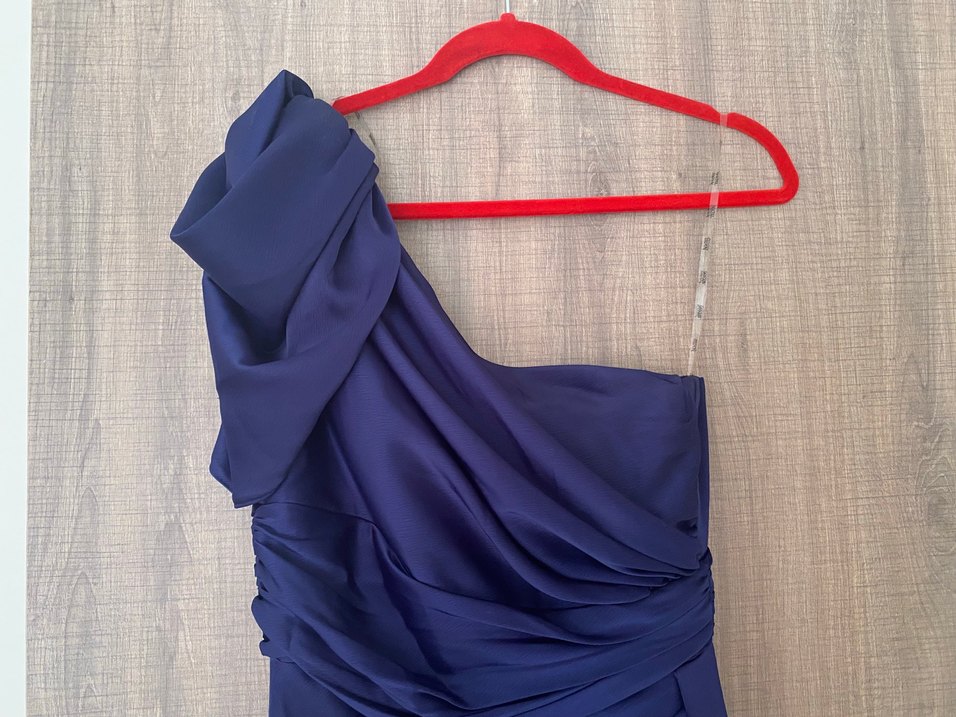 Drapeli Lacivert Uzun Tek Kol Abiye Elbise - Görsel 4