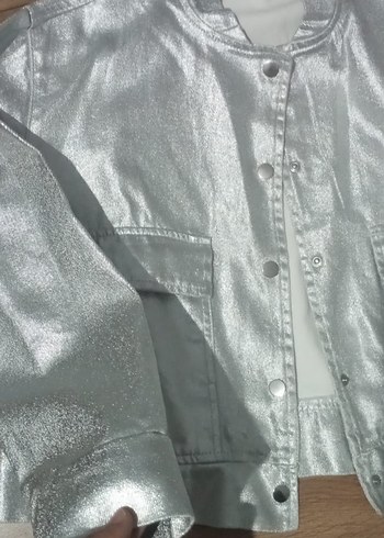 Gri Metalik Mini Kadın Ceket Düğmeli - Görsel 3