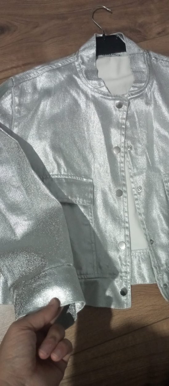Gri Metalik Mini Kadın Ceket Düğmeli - Görsel 3