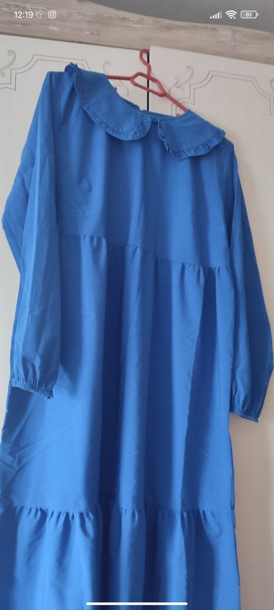 Mavi Uzun Drapeli Kadın Elbise - Görsel 2