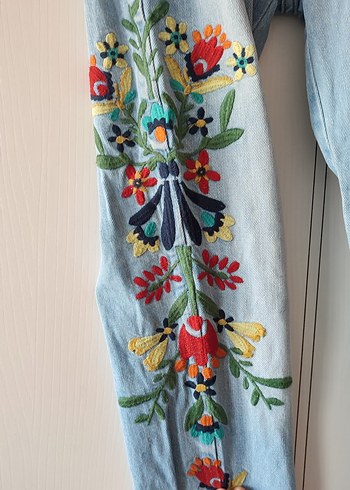 Nakışlı Bohem Mavi Denim Kadın Pantolon - Görsel 3