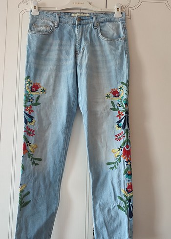 Nakışlı Bohem Mavi Denim Kadın Pantolon - Görsel 2