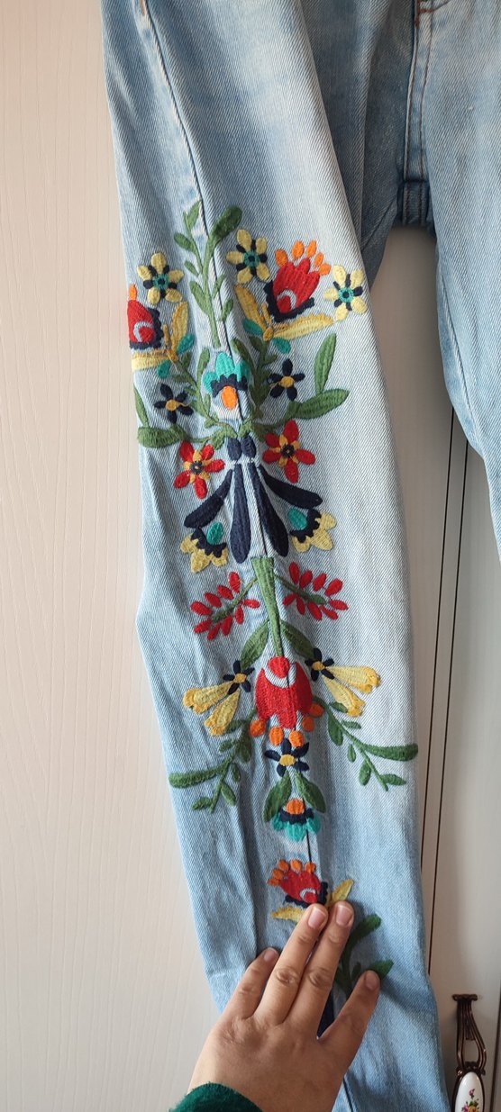 Nakışlı Bohem Mavi Denim Kadın Pantolon - Görsel 3