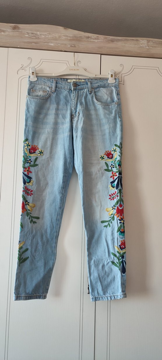 Nakışlı Bohem Mavi Denim Kadın Pantolon - Görsel 2
