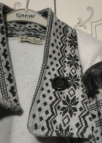 Düğmeli Kapüşonlu Gri Desenli Midi Kadın Kaban - Görsel 4