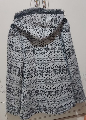 Düğmeli Kapüşonlu Gri Desenli Midi Kadın Kaban - Görsel 2