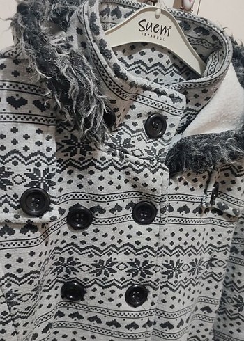 Düğmeli Kapüşonlu Gri Desenli Midi Kadın Kaban - Görsel 3