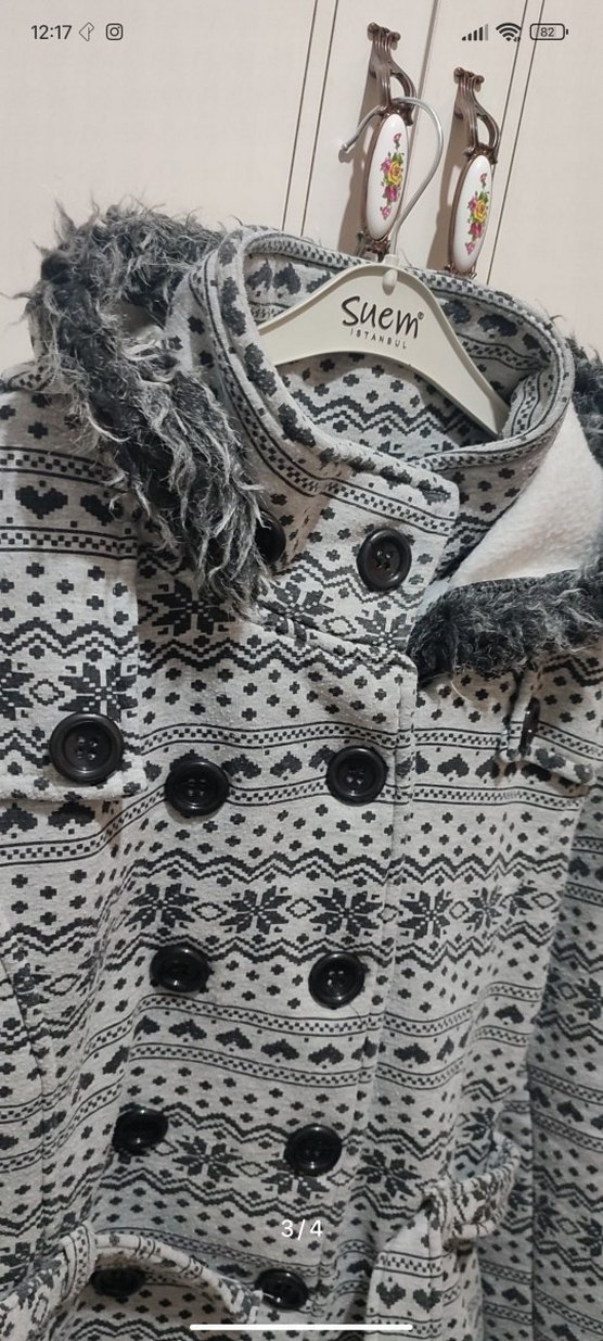 Düğmeli Kapüşonlu Gri Desenli Midi Kadın Kaban - Görsel 3