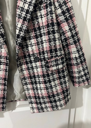 Düğmeli Pembe Gri Ekose Midi Blazer - Görsel 3