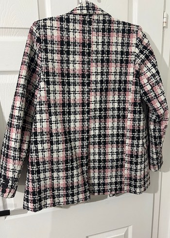 Düğmeli Pembe Gri Ekose Midi Blazer - Görsel 5