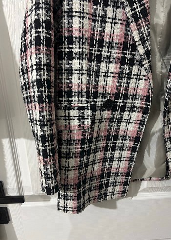 Düğmeli Pembe Gri Ekose Midi Blazer - Görsel 2