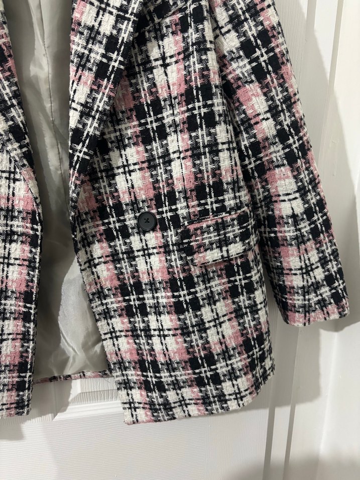 Düğmeli Pembe Gri Ekose Midi Blazer - Görsel 3