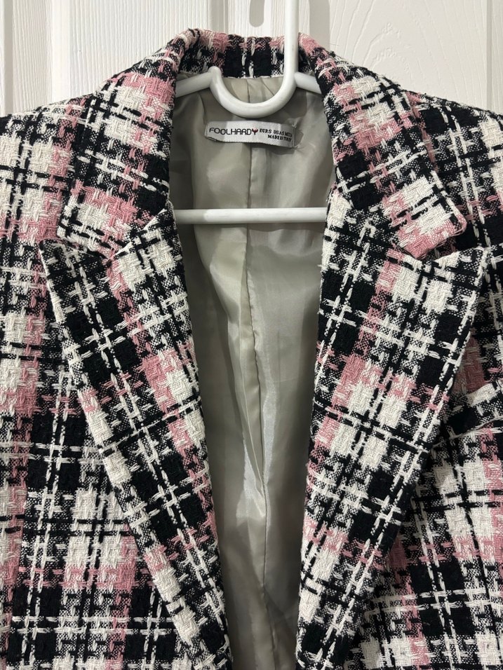 Düğmeli Pembe Gri Ekose Midi Blazer - Görsel 4