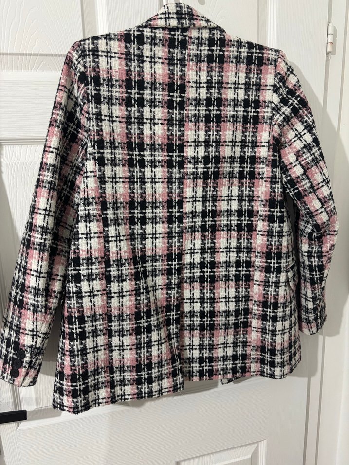 Düğmeli Pembe Gri Ekose Midi Blazer - Görsel 5