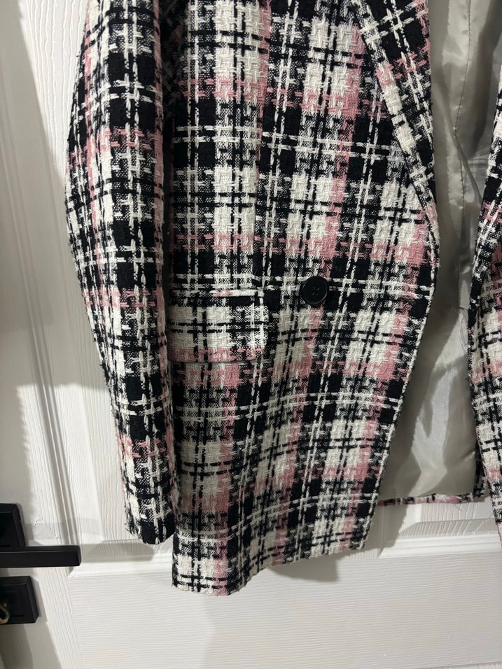 Düğmeli Pembe Gri Ekose Midi Blazer - Görsel 2