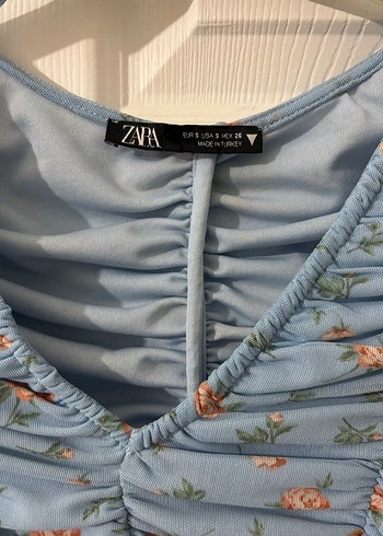 Zara Mavi V Yaka Pliseli Kısa Kollu Bluz - Görsel 4