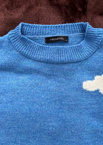 Mavi Bulut Desenli Örgü Kadın Kazak - Görsel 4