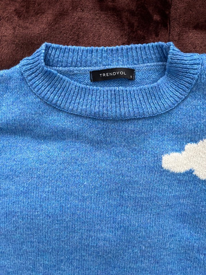 Mavi Bulut Desenli Örgü Kadın Kazak - Görsel 4