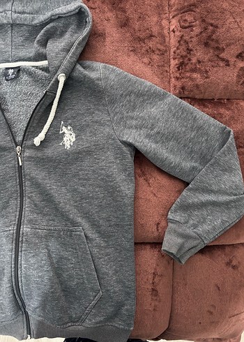 Polo Nakışlı Gri Kapüşonlu Fermuarlı Erkek Sweatshirt - Görsel 3