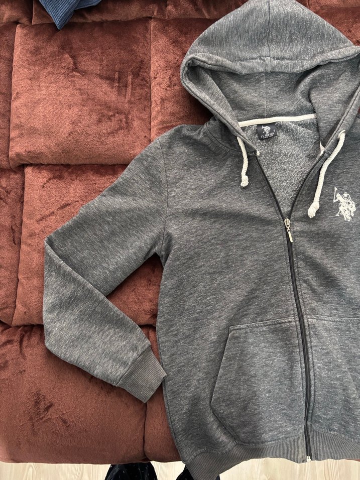 Polo Nakışlı Gri Kapüşonlu Fermuarlı Erkek Sweatshirt - Görsel 2