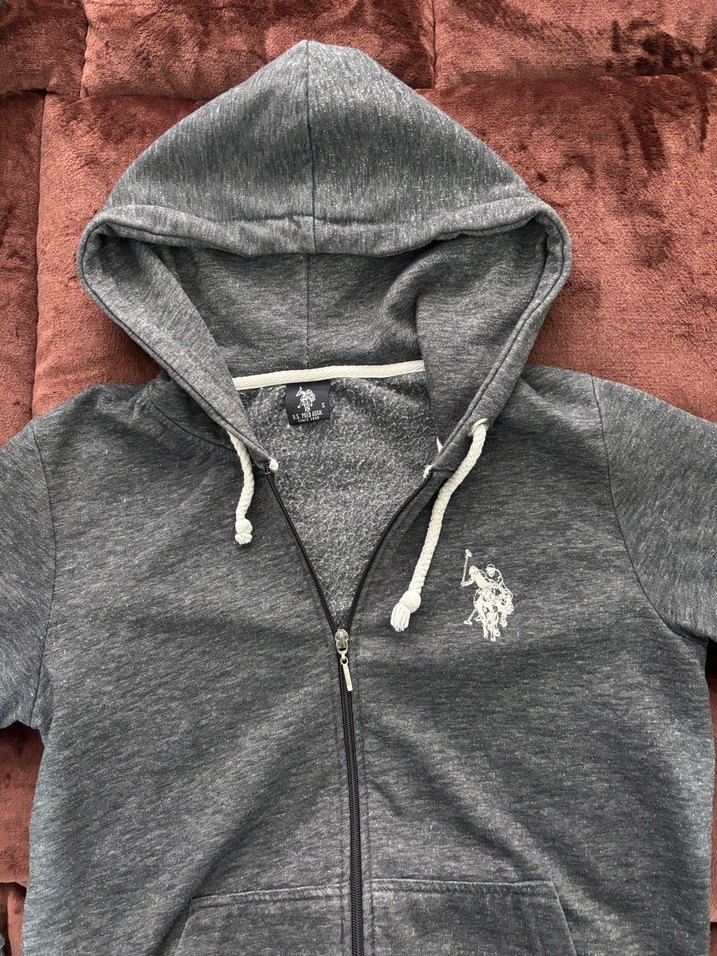 Polo Nakışlı Gri Kapüşonlu Fermuarlı Erkek Sweatshirt - Görsel 4