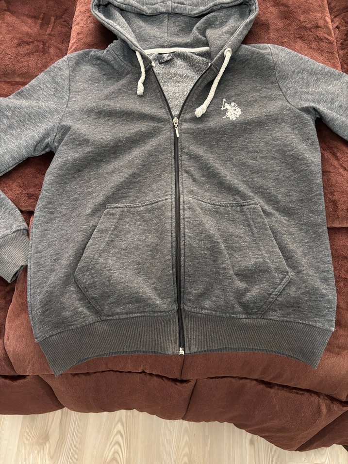 Polo Nakışlı Gri Kapüşonlu Fermuarlı Erkek Sweatshirt - Görsel 5