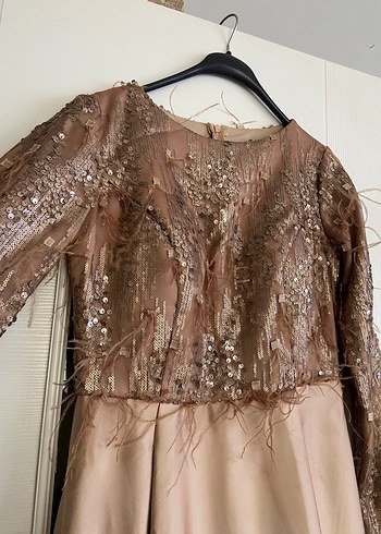 Bej Uzun Kollu Drapeli Abiye Elbise - Görsel 3