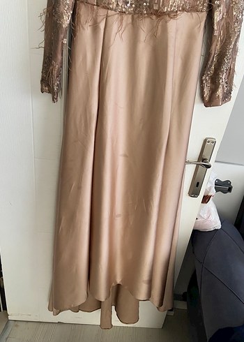 Bej Uzun Kollu Drapeli Abiye Elbise - Görsel 8