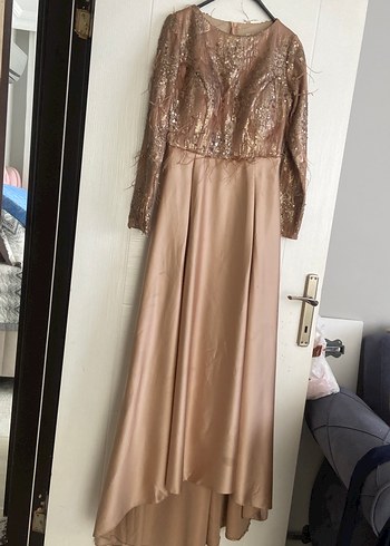 Bej Uzun Kollu Drapeli Abiye Elbise - Görsel 9