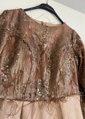 Bej Uzun Kollu Drapeli Abiye Elbise - Görsel 7