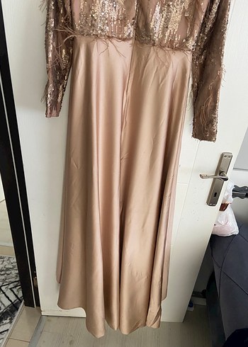 Bej Uzun Kollu Drapeli Abiye Elbise - Görsel 6