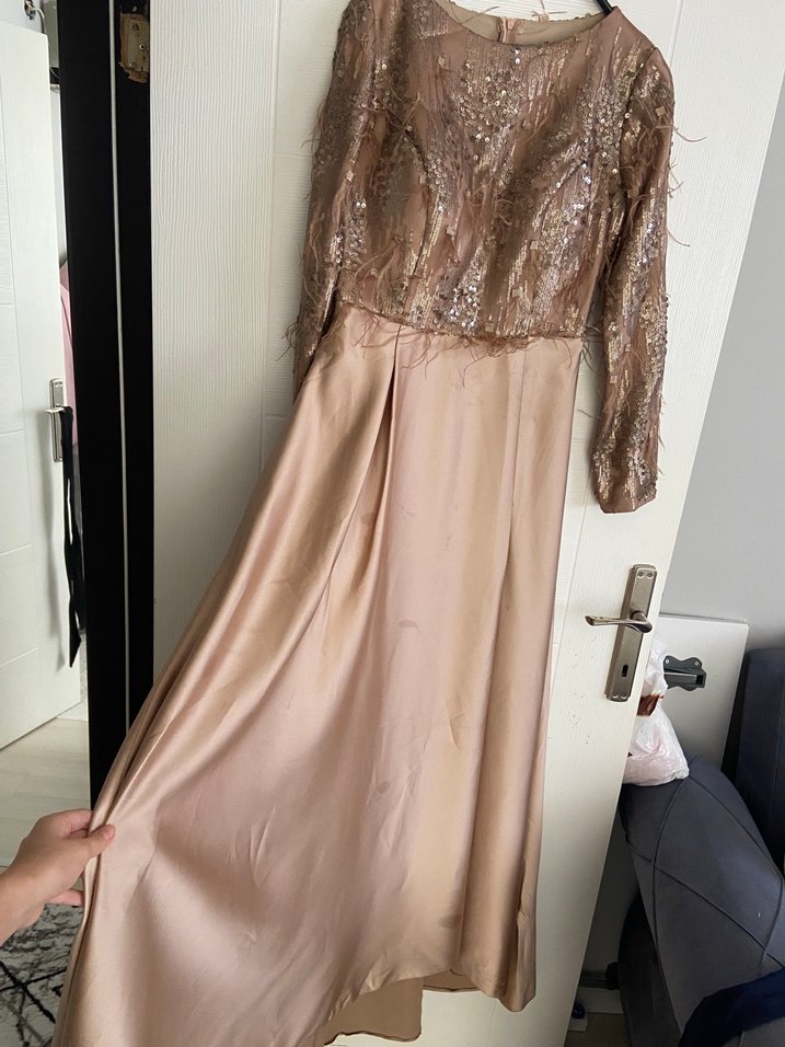 Bej Uzun Kollu Drapeli Abiye Elbise - Görsel 2