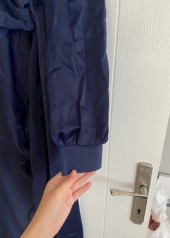 Drapeli Uzun Lacivert Kadın Detaylı Elbise - Görsel 3