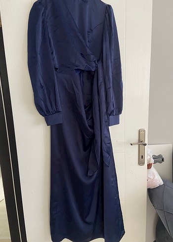 Drapeli Uzun Lacivert Kadın Detaylı Elbise - Görsel 2