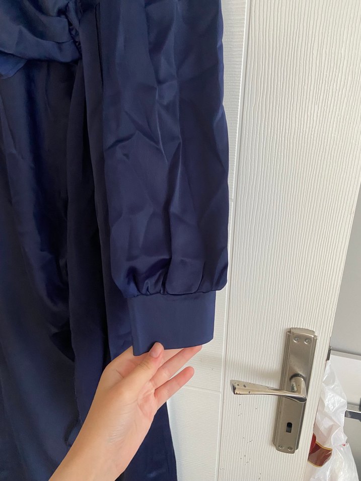 Drapeli Uzun Lacivert Kadın Detaylı Elbise - Görsel 3