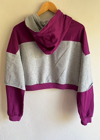Mor Gri Crop Kapüşonlu Sweatshirt - Görsel 4