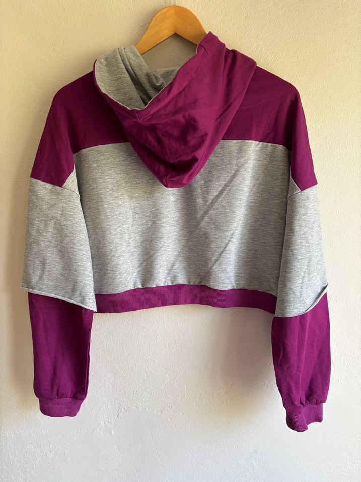 Mor Gri Crop Kapüşonlu Sweatshirt - Görsel 4